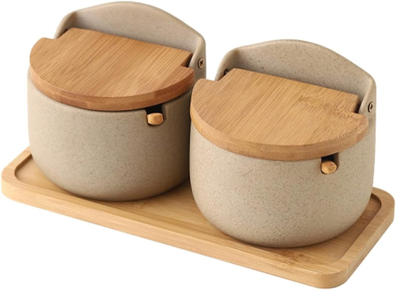 Ceramic Spice Jar - Condiment Jar with Lid and Spoon - Salt and Sugar Container Set for Kitchen - Stylish and Functional Kitchen Counter Accessories - 2 Pieces