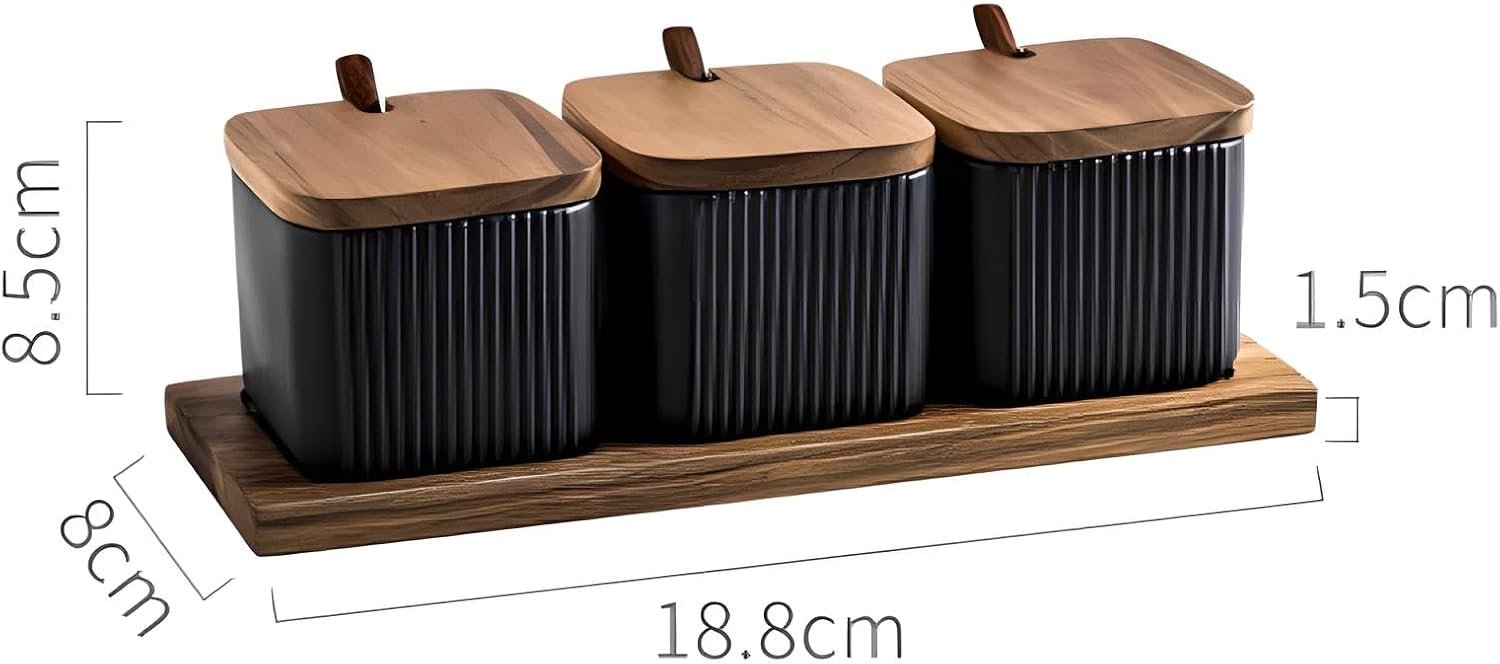 3 Pack Ceramic Condiment Jar Spice Box, Container Seasoning Jars Set with Lids and Spoon for Sugar Tea Coffee Spice Salt pepper for Home Kitchen Counter (Black) - Image 2