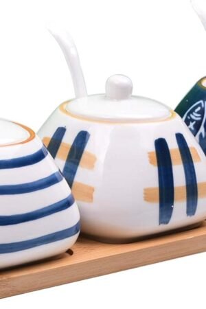 Porcelain Condiment Jar Spice Container with set of 3 Ceramic Condiment Pot Seasoning Box with Ceramic Serving Spoon and Lid - Bamboo Tray Porcelain Sugar Bowl for Home Kitchen 300ml (10.6oz)
