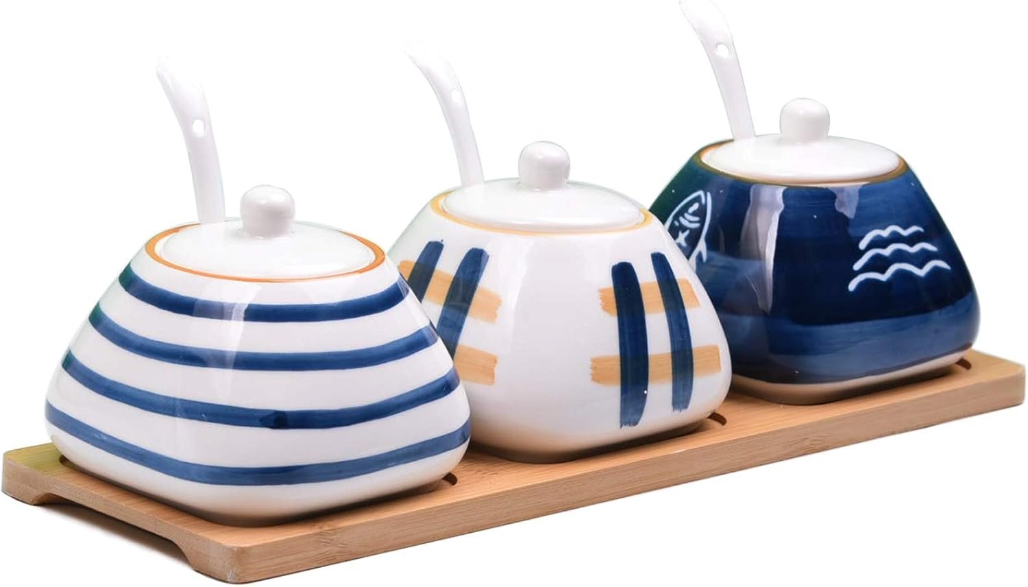 Porcelain Condiment Jar Spice Container with set of 3 Ceramic Condiment Pot Seasoning Box with Ceramic Serving Spoon and Lid - Bamboo Tray Porcelain Sugar Bowl for Home Kitchen 300ml (10.6oz)