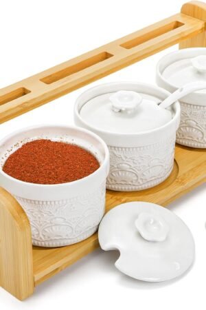 Set of 3 Ceramic Condiment Jars, 5 Oz Porcelain Seasoning Box with Lid Spoon Bamboo Tray, Salt Sugar Spice Container Set Ramekin Dip Bowls for Home kitchen Counter