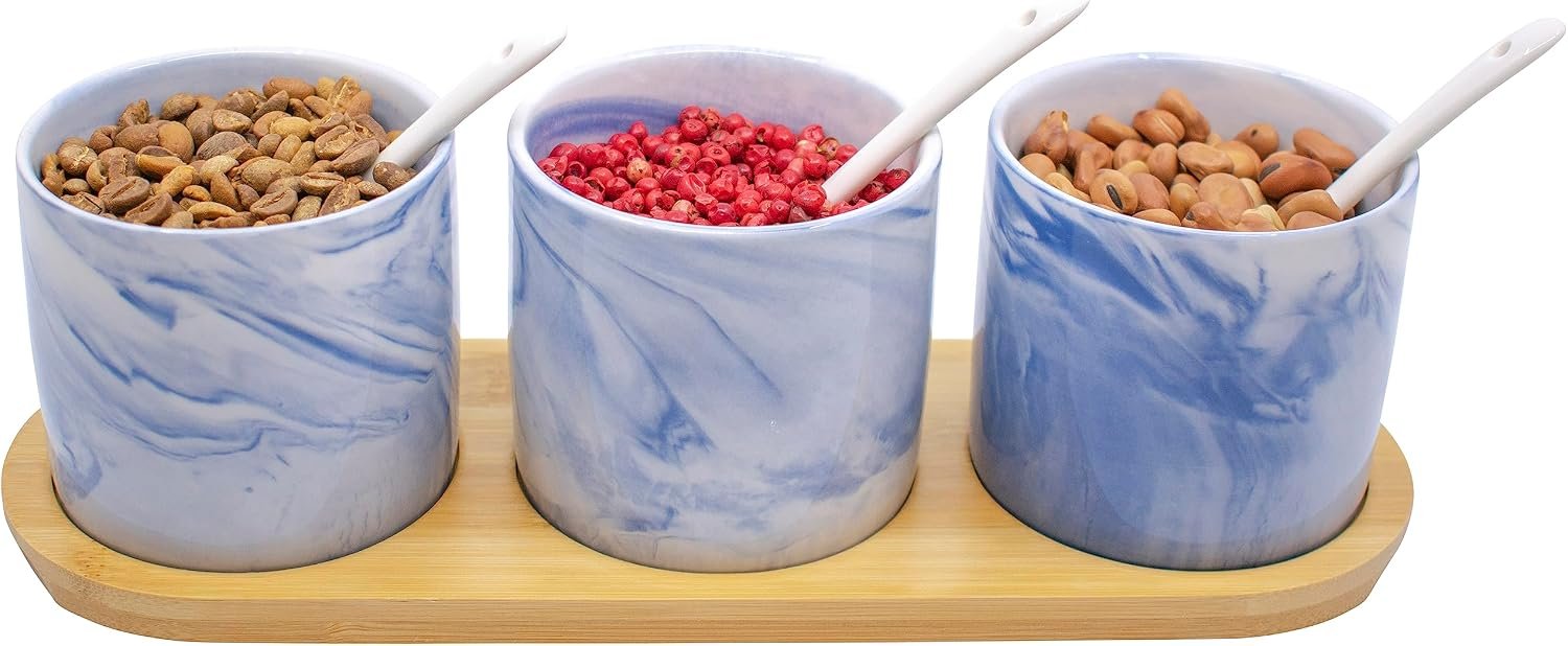 Set of 3 Marble Ceramic Condiment Spice Jars With Spoons and Bamboo Lids and Tray (Blue) - Image 2