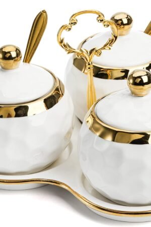 Set of 3 Ceramic Condiment Pots with Trays, Condiment Jars Containers with Lids and Spoons, Porcelain Sugar Salt Bowls Set, White Spice Seasoning Box for Kitchen, Restaurant, Counter, Home