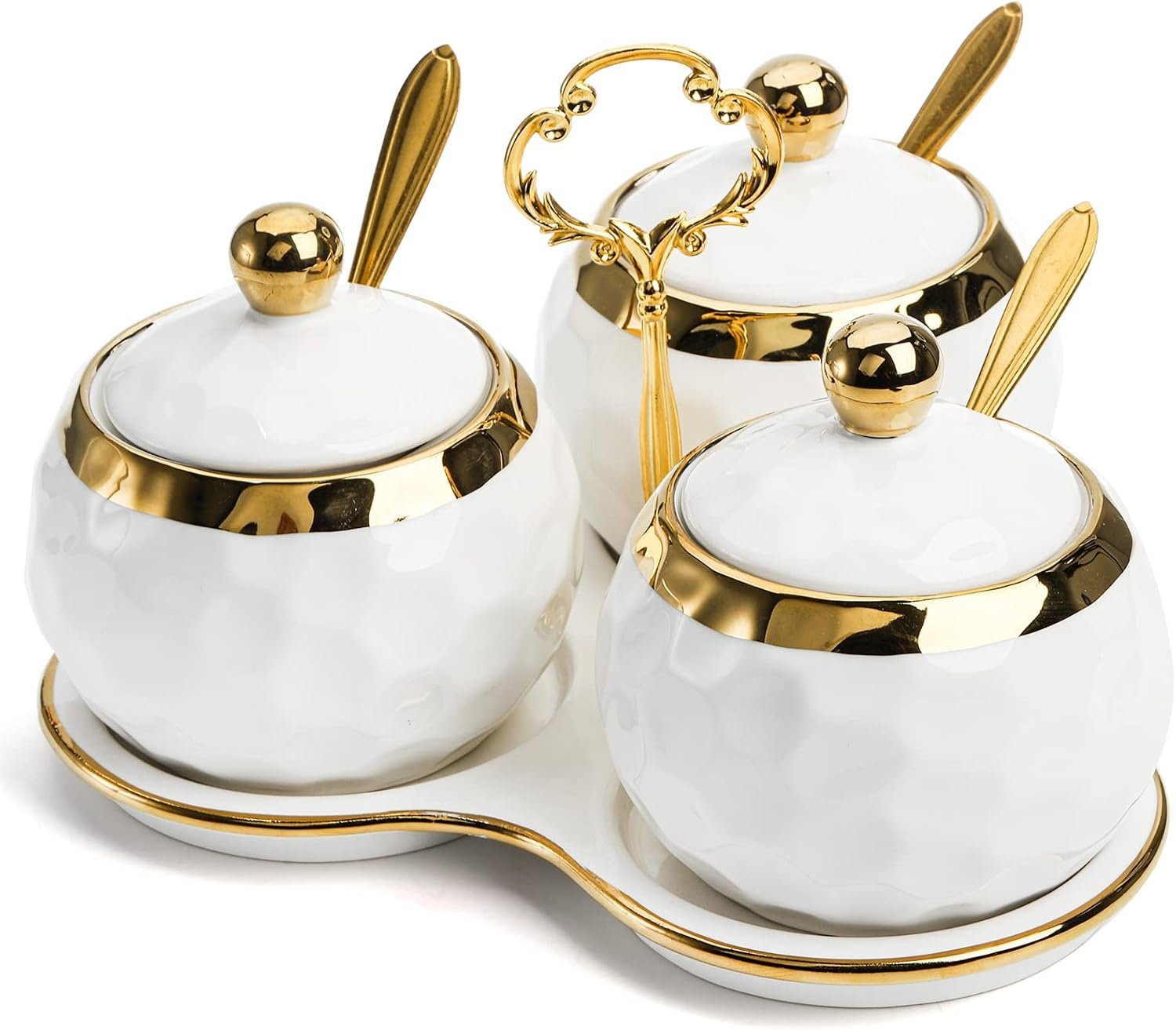 Set of 3 Ceramic Condiment Pots with Trays, Condiment Jars Containers with Lids and Spoons, Porcelain Sugar Salt Bowls Set, White Spice Seasoning Box for Kitchen, Restaurant, Counter, Home