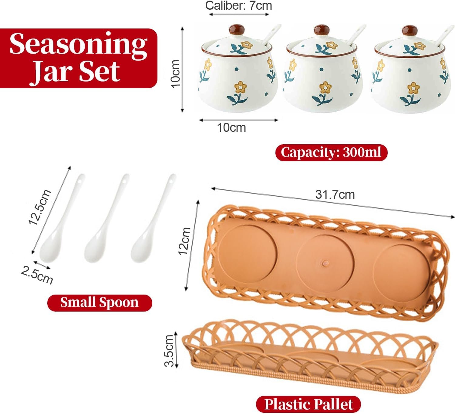 Kitchen Ceramic Condiment Jars with Lids and Spoons, 3 Piece Porcelain Seasoning Jar Set for Salt Spice Pepper Suger Bowl, Coffee Tea Container Pot with Serving Tray - A Yellow Flower - Image 2