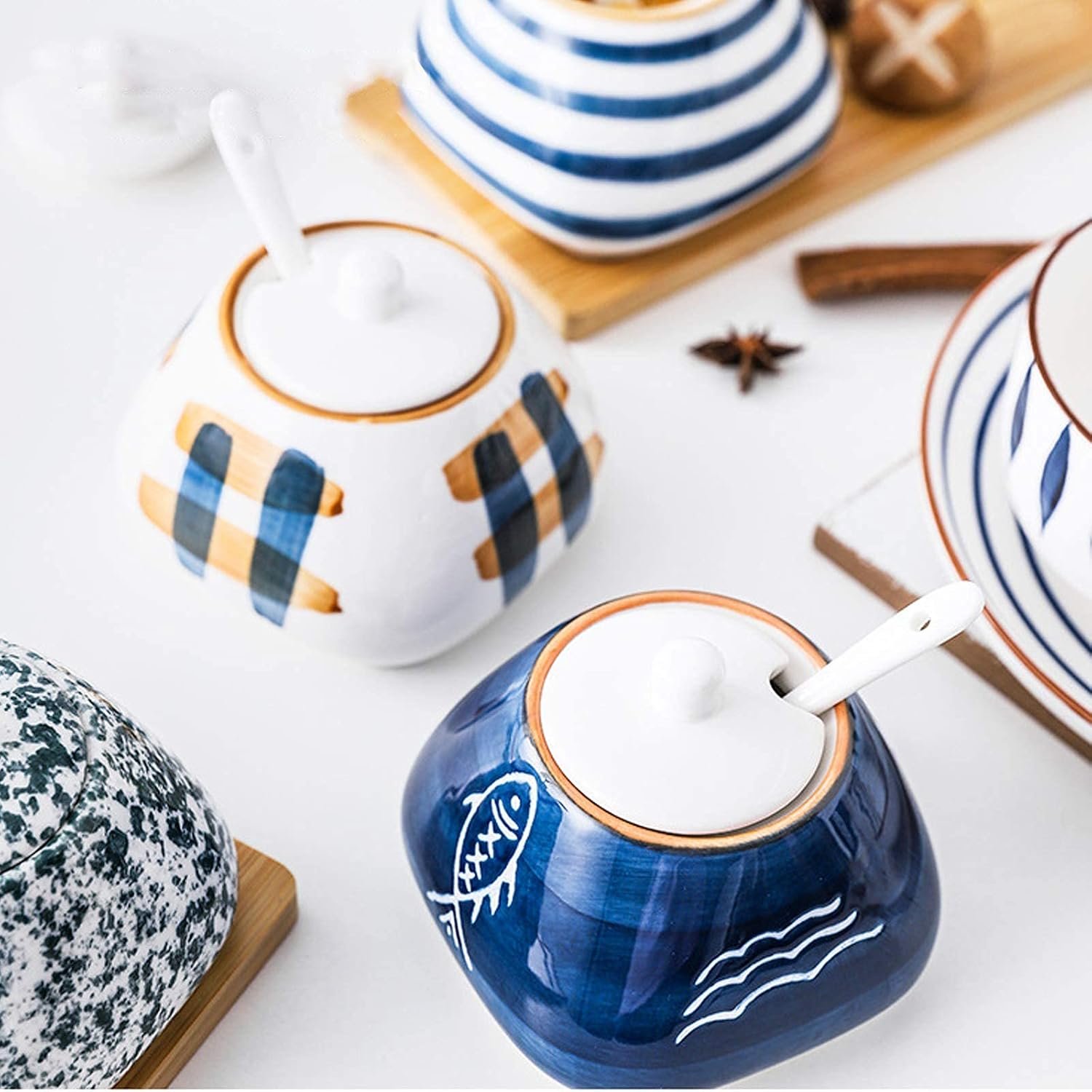 Porcelain Condiment Jar Spice Container with set of 3 Ceramic Condiment Pot Seasoning Box with Ceramic Serving Spoon and Lid - Bamboo Tray Porcelain Sugar Bowl for Home Kitchen 300ml (10.6oz) - Image 2