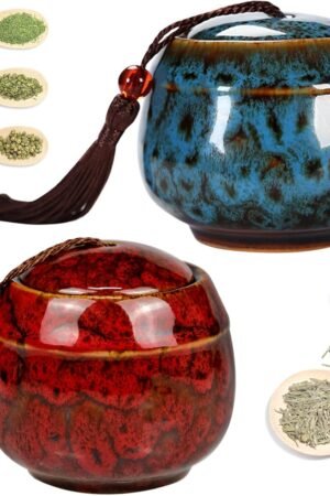 2 PCS Ceramic Canister for Loose Leaf Tea, Beautiful Chinese Style Tea Containers with Tassel, Small Tea Coffee Sugar Storage Organizer