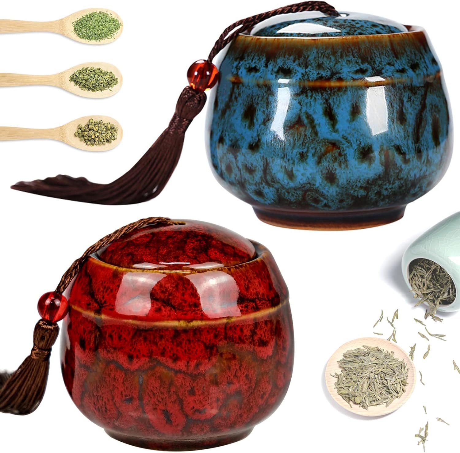 2 PCS Ceramic Canister for Loose Leaf Tea, Beautiful Chinese Style Tea Containers with Tassel, Small Tea Coffee Sugar Storage Organizer