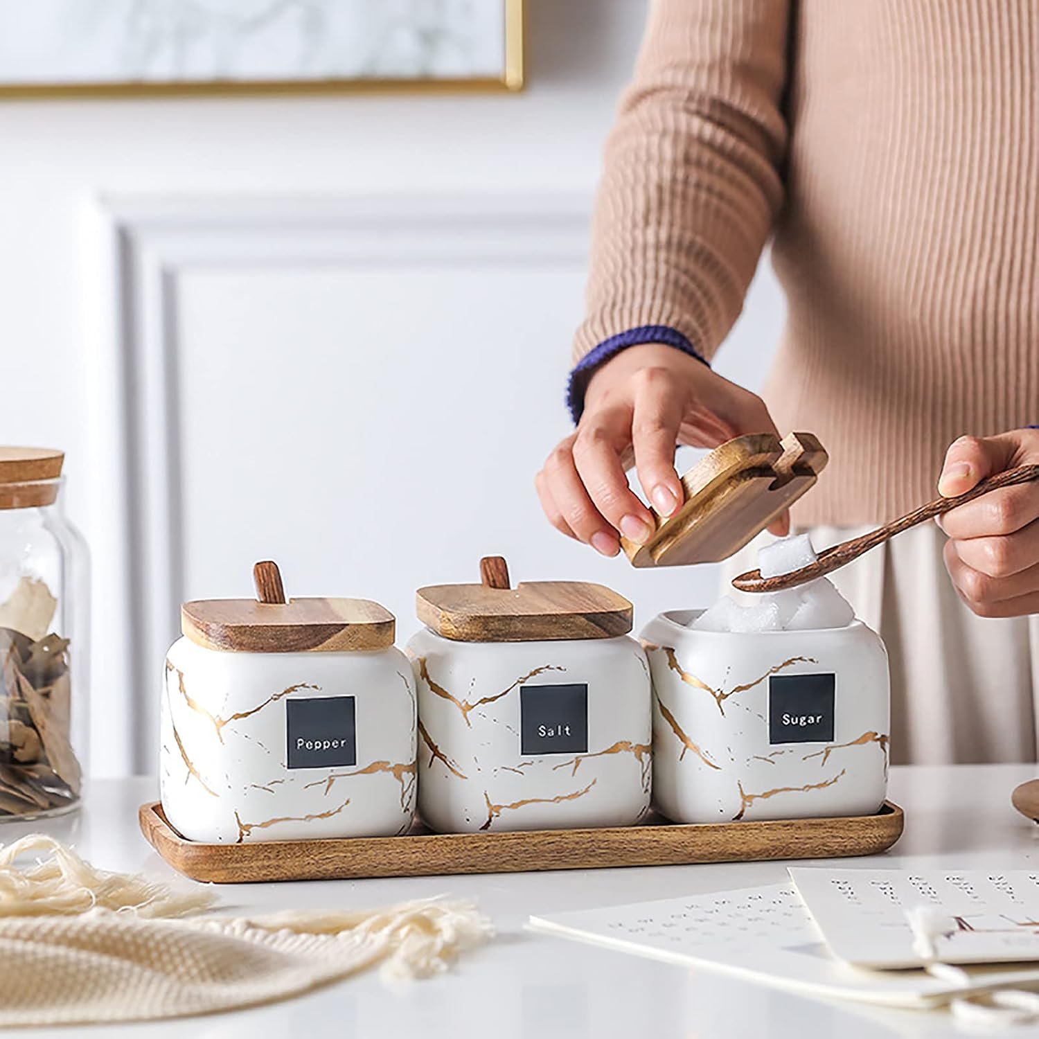 Ceramic Spice Jars Porcelain Condiment Jars Set Marble Ceramic Seasoning Box 3pcs Condiment Pots for salt, sugar, pepper Kitchen Ceramic Seasoning Condiment Jar Set - Image 2