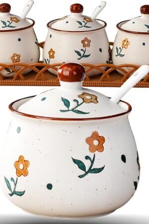 Kitchen Ceramic Condiment Jars with Lids and Spoons, 3 Piece Porcelain Seasoning Jar Set for Salt Spice Pepper Suger Bowl, Coffee Tea Container Pot with Serving Tray - A Yellow Flower