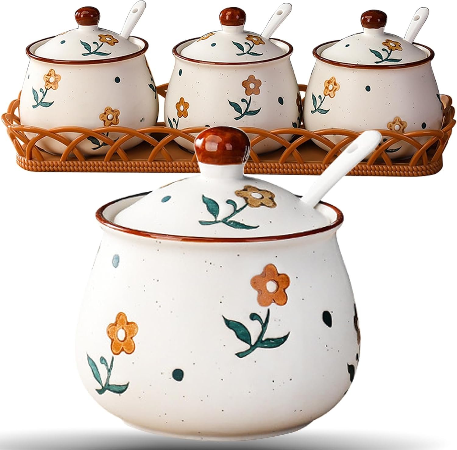 Kitchen Ceramic Condiment Jars with Lids and Spoons, 3 Piece Porcelain Seasoning Jar Set for Salt Spice Pepper Suger Bowl, Coffee Tea Container Pot with Serving Tray - A Yellow Flower