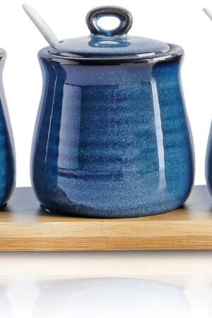 Porcelain Condiment Jar,10oz Spice Container with Lid Spoon and Bamboo tray,Small Salt Sugar Pepper Seasoning Pots Box Set of 3,Ceramic Condiment Container for Home kitchen Counter(Blue)