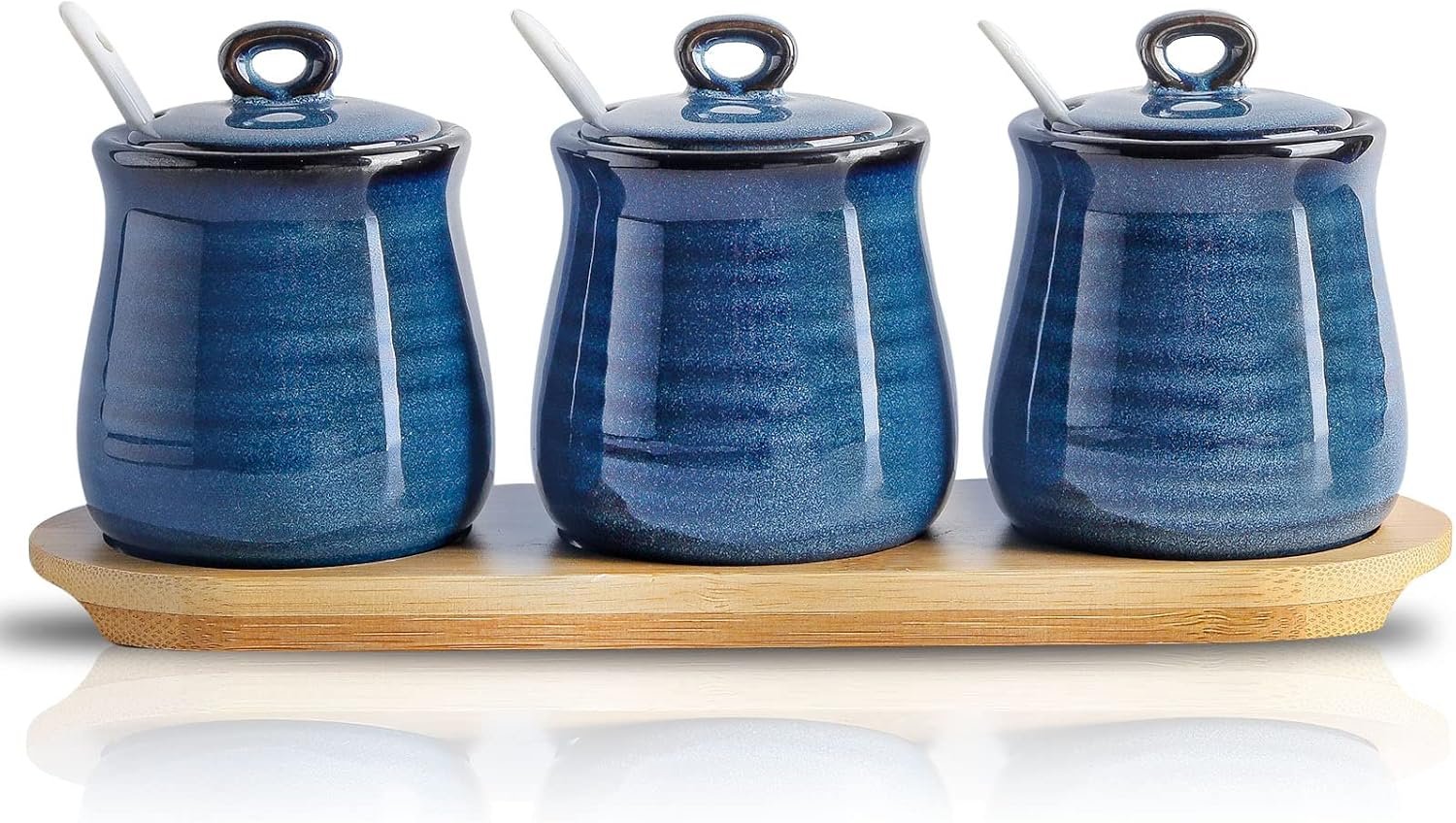 Porcelain Condiment Jar,10oz Spice Container with Lid Spoon and Bamboo tray,Small Salt Sugar Pepper Seasoning Pots Box Set of 3,Ceramic Condiment Container for Home kitchen Counter(Blue)