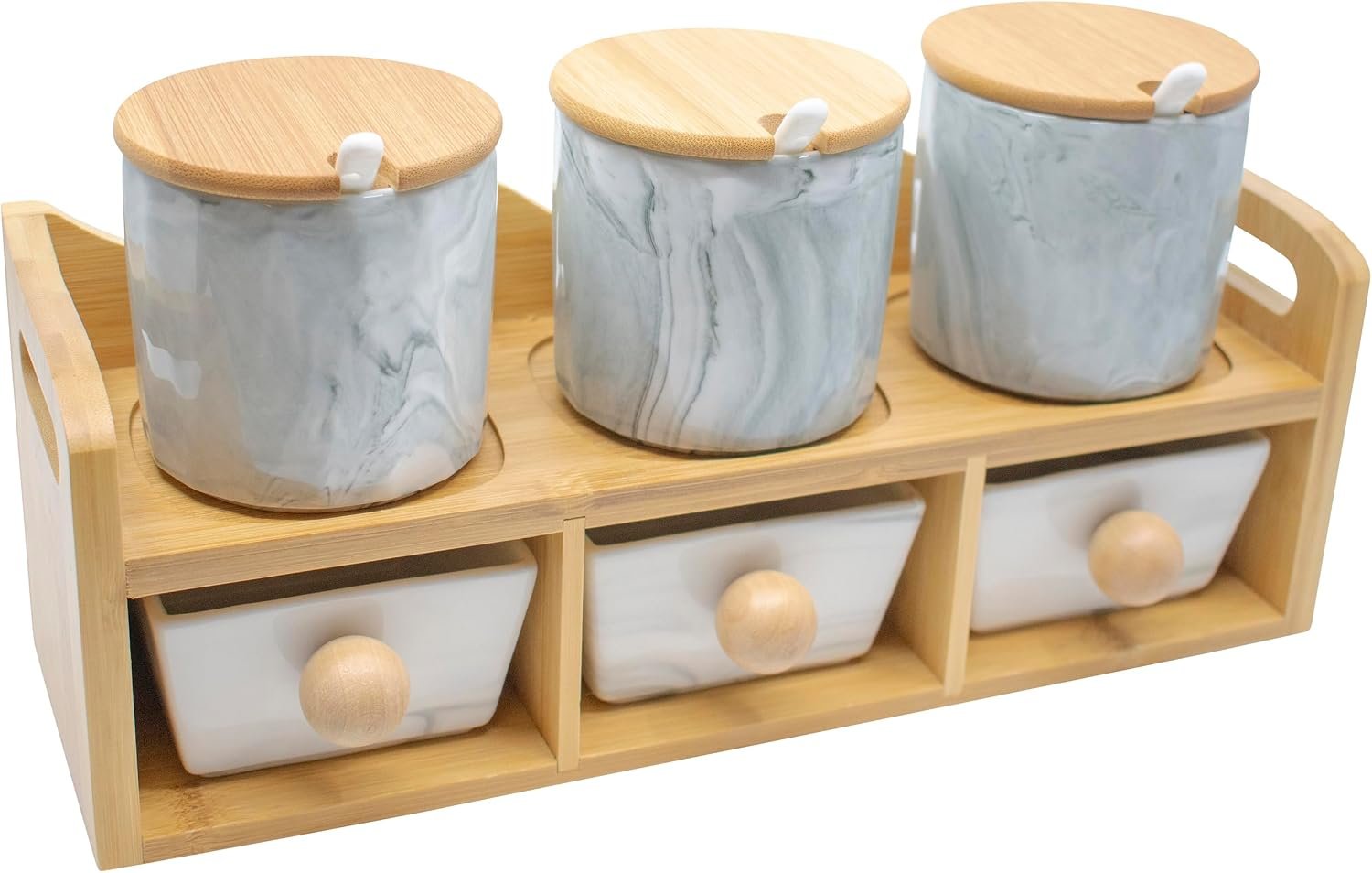 Set of 6 Tiered Marble Ceramic Condiment Spice Jars & Drawers With Spoons, Bamboo Lids and Rack (Gray) - Image 2