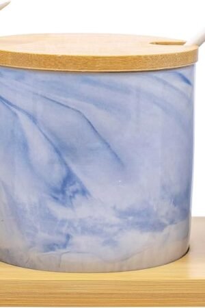 Set of 3 Marble Ceramic Condiment Spice Jars With Spoons and Bamboo Lids and Tray (Blue)