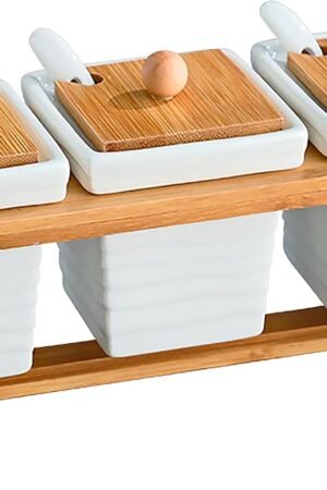 Set of 3 Ceramic Condiment Jars With Spoons & Bamboo Lids (White)
