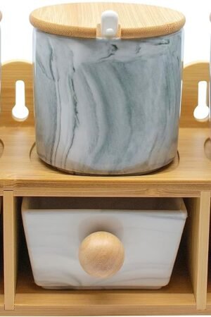 Set of 6 Tiered Marble Ceramic Condiment Spice Jars & Drawers With Spoons, Bamboo Lids and Rack (Gray)