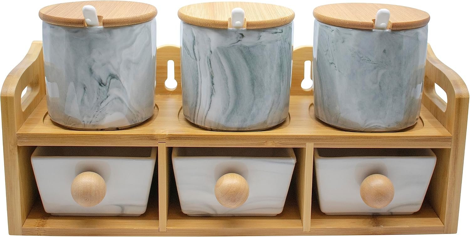 Set of 6 Tiered Marble Ceramic Condiment Spice Jars & Drawers With Spoons, Bamboo Lids and Rack (Gray)