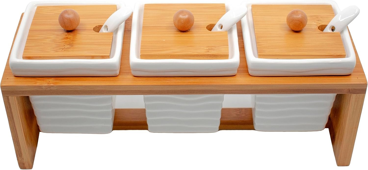 Set of 3 Ceramic Condiment Jars With Spoons & Bamboo Lids (White) - Image 2