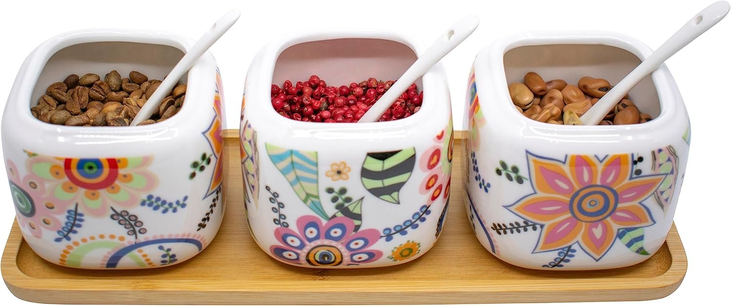 Set of 3 Printed White Ceramic Condiment Spice Jars With Spoons and Bamboo Lids and Tray (Floral Medley) - Image 2