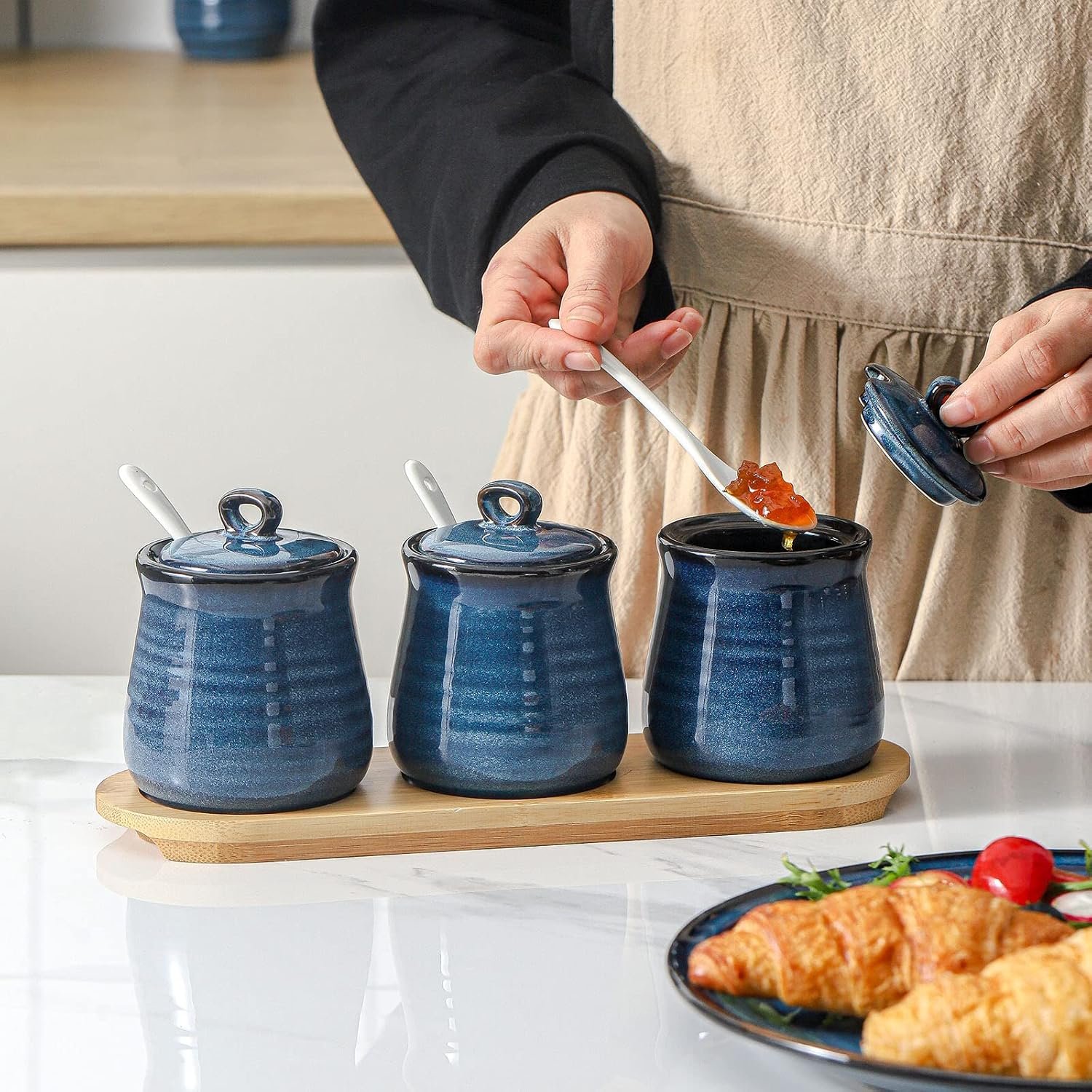 Porcelain Condiment Jar,10oz Spice Container with Lid Spoon and Bamboo tray,Small Salt Sugar Pepper Seasoning Pots Box Set of 3,Ceramic Condiment Container for Home kitchen Counter(Blue) - Image 2
