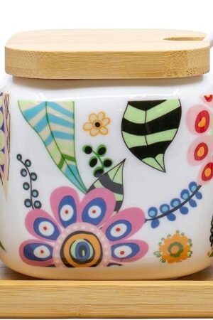 Set of 3 Printed White Ceramic Condiment Spice Jars With Spoons and Bamboo Lids and Tray (Floral Medley)